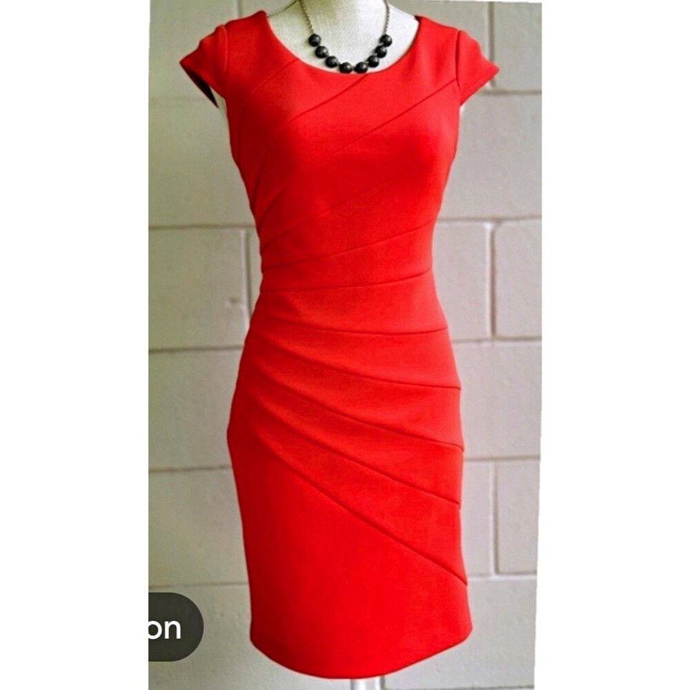 Jessica Simpson Orange Pleated Sheath Round Neck Cap Sleeve Dress Size 8